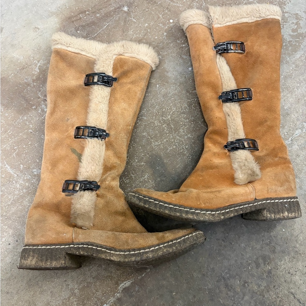 Vintage Alpine shearling suede Tan Shearling Buckle Boots